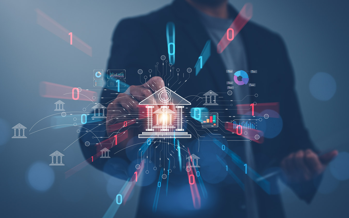 Person pointing to futuristic banking images