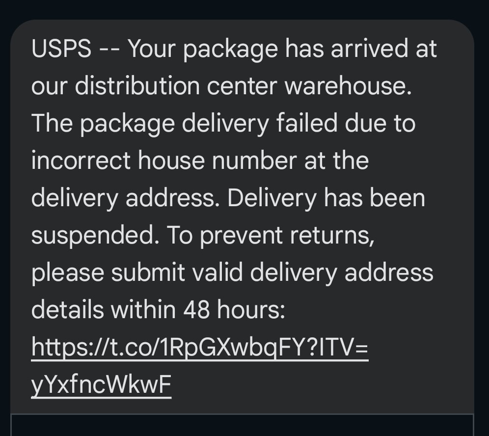 Fraudulent USPS text